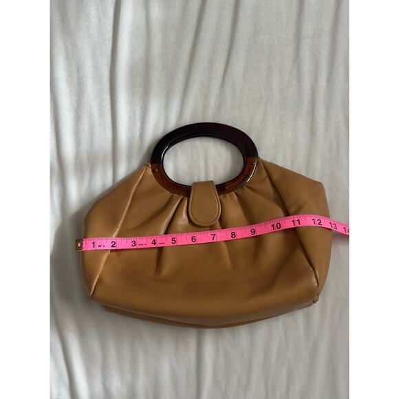 Vintage Tan Smooth Leather Stocko Clutch Purse Handbag Bakelite Lucite Handles - Picture 7 of 13